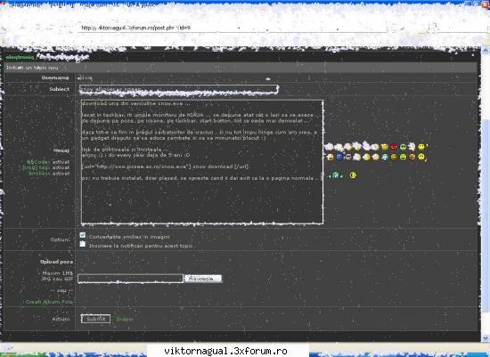 snow all over screen download una din versiuline snow.exe ...lasat taskbar, iti umple monitoru niaua